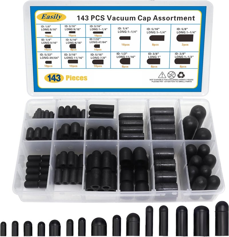 Easily 143 Pcs Rubber Vacuum Caps Assortment, 15 Sizes Rubber Caps, Hose End Caps for Carburetor, Manifold, Automotive 1/8" 1/4" 5/32" 3/16" 5/16" 7/32" 3/8" 1/2" 5/8" - Image 1